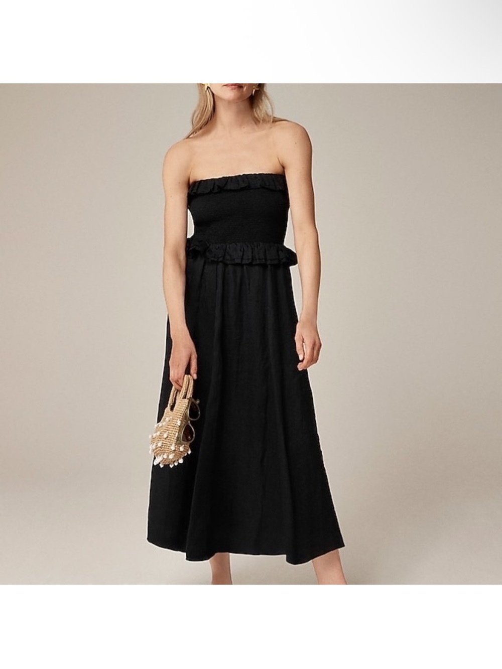 NWT J. Crew Black Strapless Midi Dress with Ruffle Accents